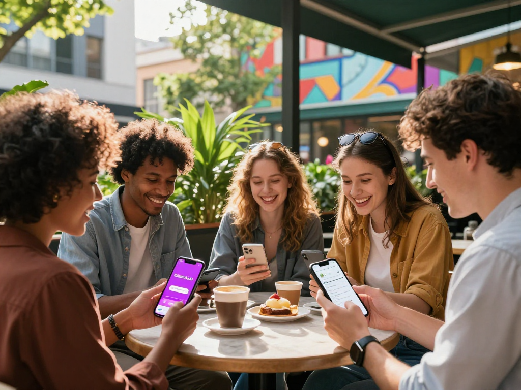 Engaging friends enjoying coffee while using sluts ai dating app, lively urban setting with greenery.