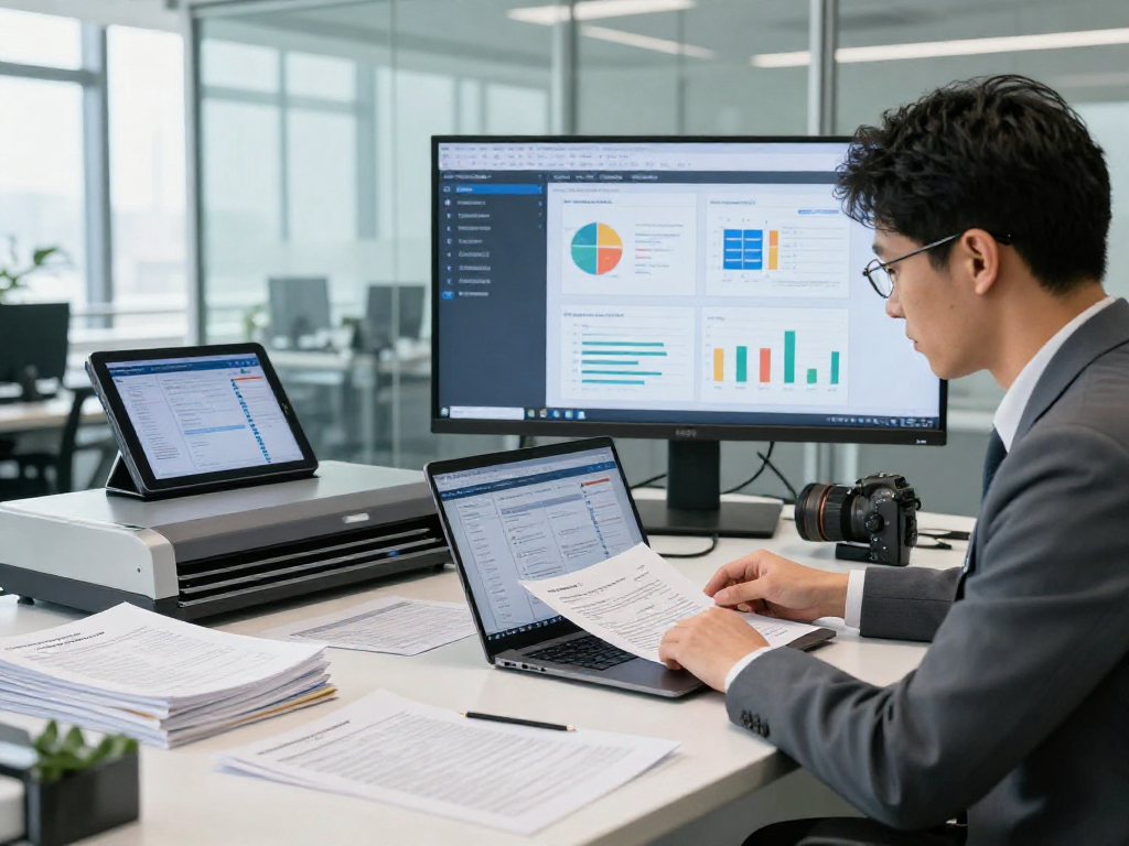 Compliance officer reviewing document fraud detection metrics in a modern office.