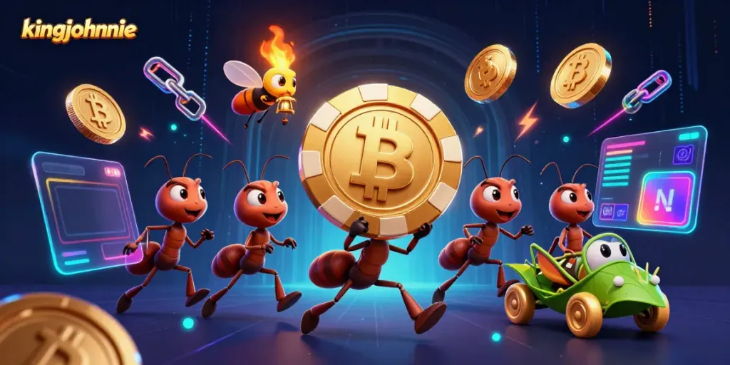 Experience a thrilling video poker heist with kingjohnnie's dynamic 3D cartoon scene featuring ants and crypto elements.