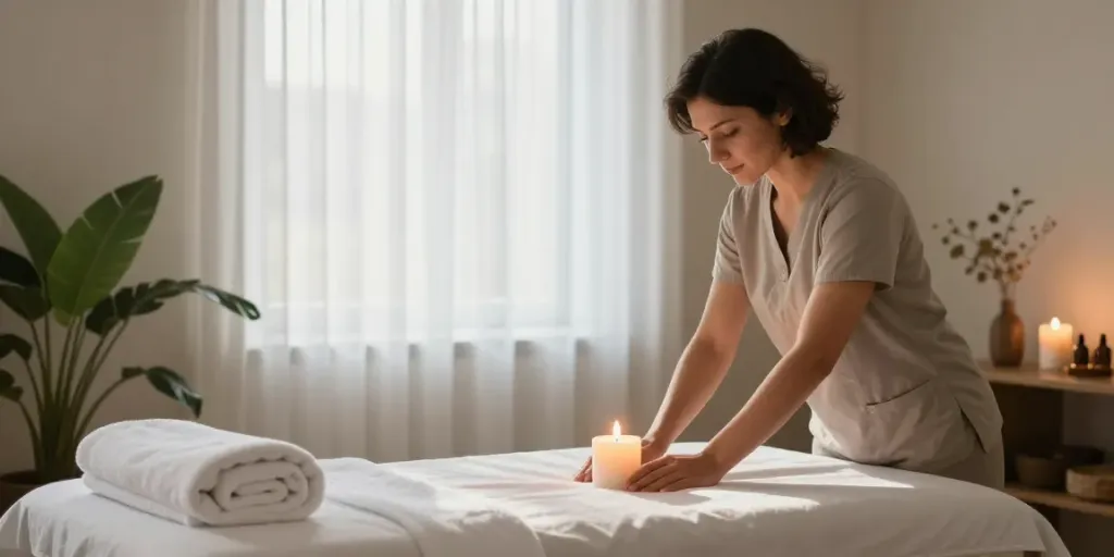 Calm and inviting spa setting for עיסוי אירוטי בראשון לציון with massage table, candles, and aromatic oils.