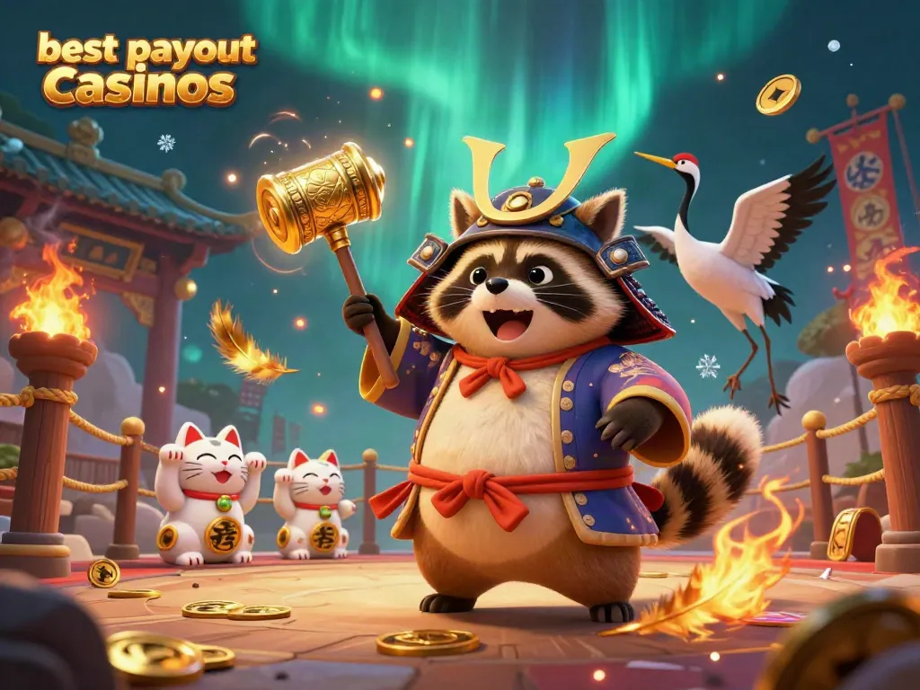 Explore the best payout casinos with this vibrant 3D casino scene featuring tanuki, maneki-neko, and gambling elements.