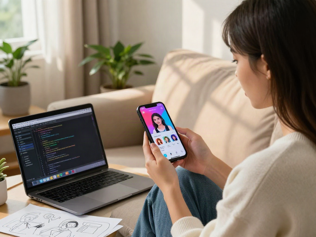 A young woman exploring her AI gf app on a smartphone in a cozy living room, blending technology with personal interaction.