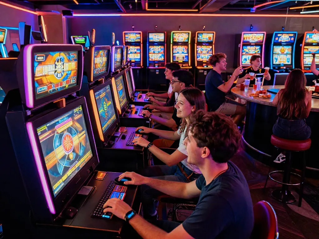 Exciting gaming lounge with players engaging at credit card casino sites.