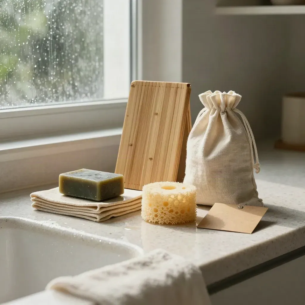 Kit zero waste per casa con panni in bambù, sapone solido, luffa e sacchetto in cotone su travertino.
