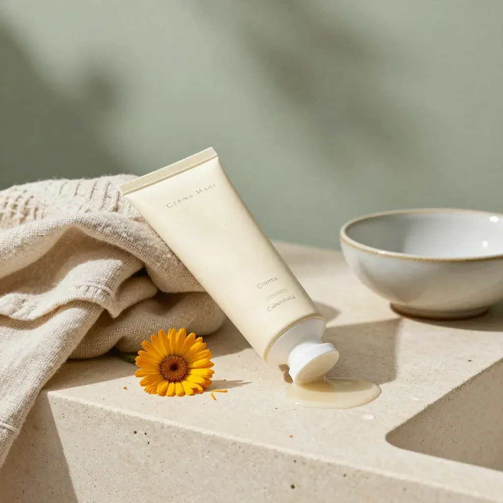 Tubo crema mani alla calendula su banco crema con lino e ciotolina in ceramica, luce morbida.