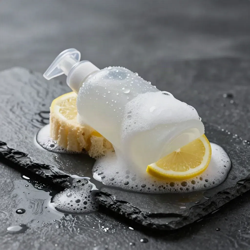 Flacone di detersivo piatti alla menta su pietra bagnata con spugna di cellulosa e limone