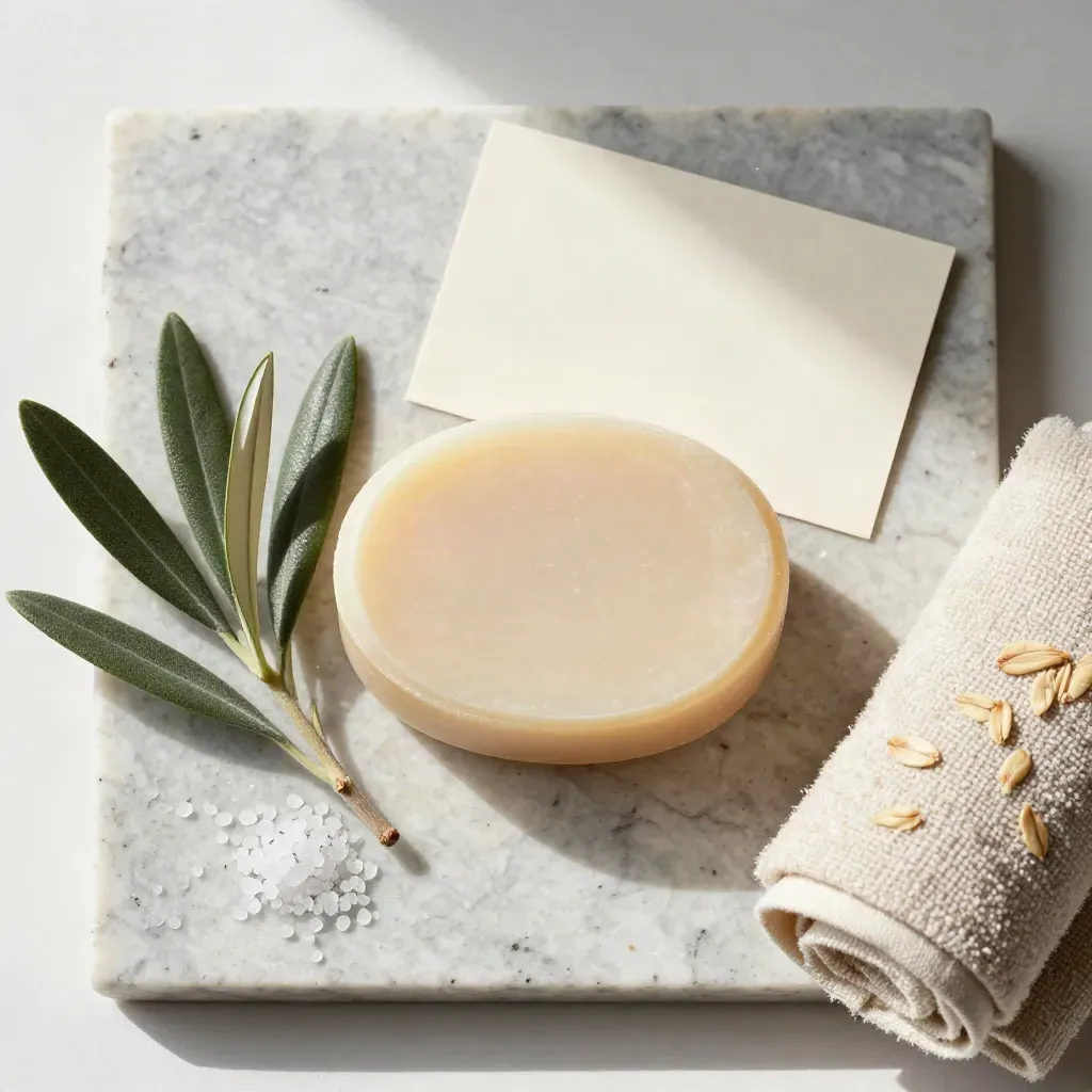Panetto ovale di sapone all’olivo con rami, sale grosso e asciugamano arrotolato su pietra chiara.
