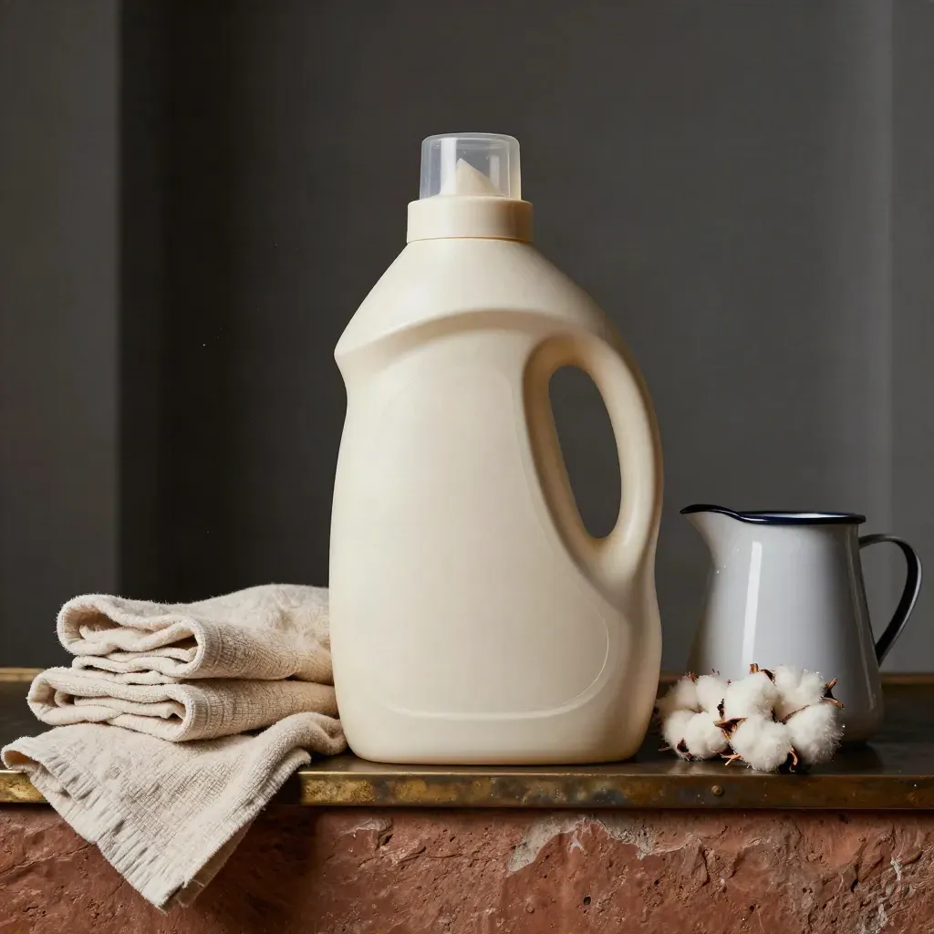 Flacone di detersivo bucato con panni di cotone e brocca smaltata su base in terracotta.