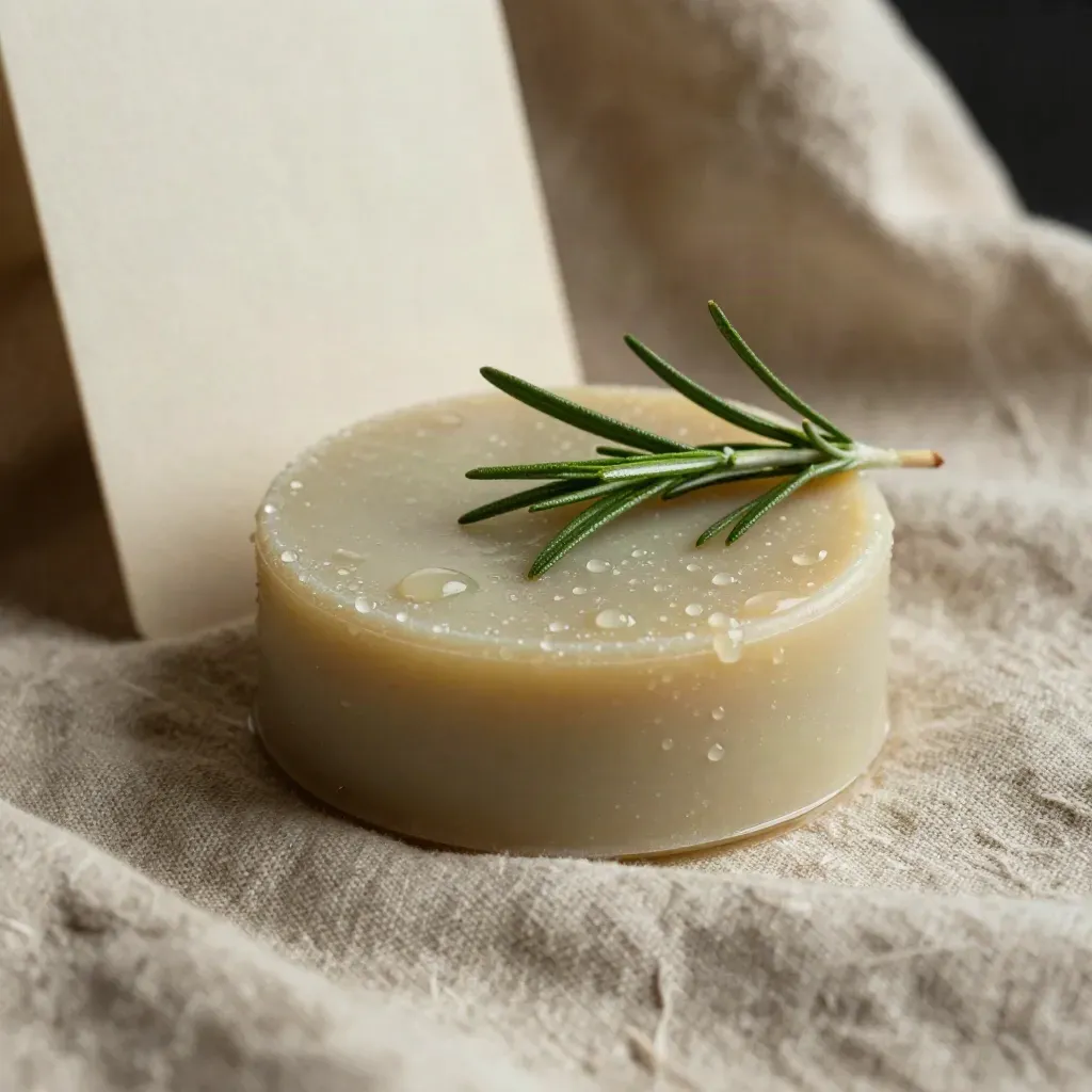 Panetto solido al rosmarino su lino stropicciato con gocce d’acqua e rametti aromatici