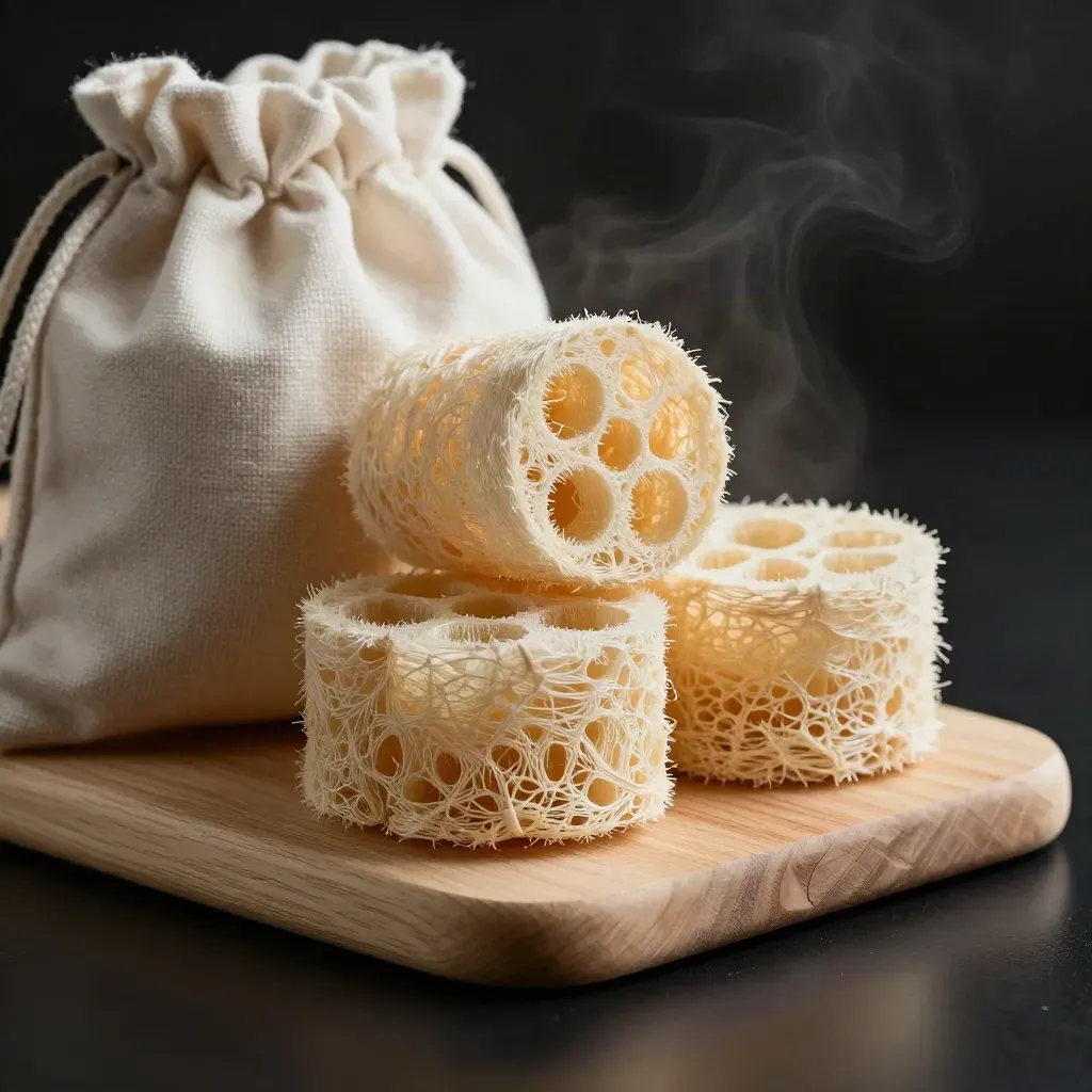 Tre spugne luffa con sacchetto di cotone e tagliere chiaro su fondo nero drammatico.