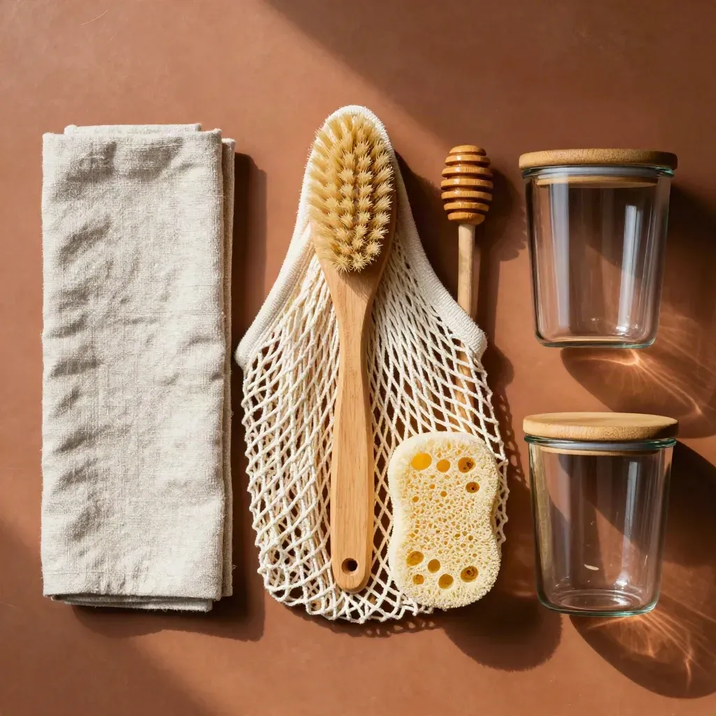 Kit cucina senza plastica con spazzola, luffa, sacchetto in rete, panni e contenitore riutilizzabile