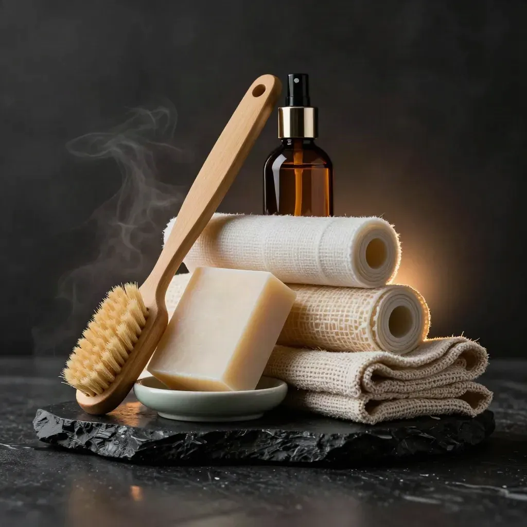 Kit Famiglia Zero Waste: cinque pezzi su plinto nero, luce drammatica e accento salvia.