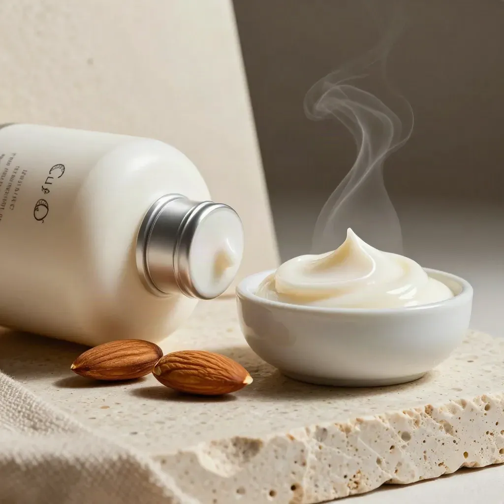 Flacone satinato di crema corpo alle mandorle con mandorle e ciotolina in ceramica su travertino