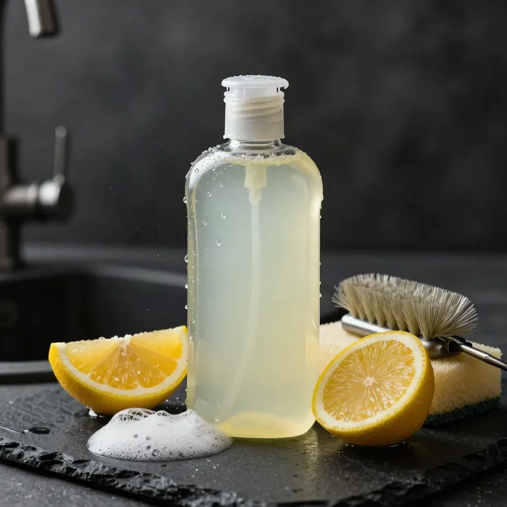 Flacone quadrato di sapone piatti al limone con schiuma e fettine agrumate su fondo scuro.