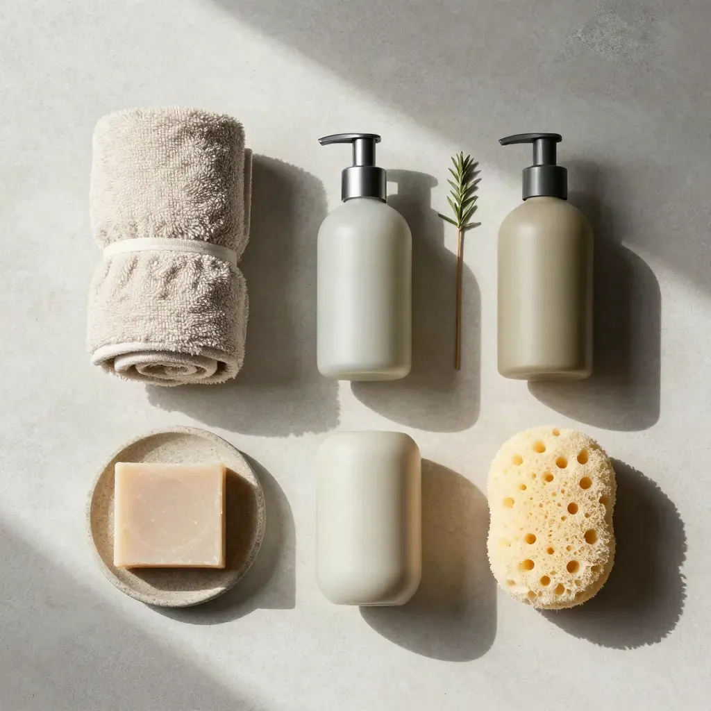 Flatlay dall’alto di kit bagno con asciugamano, sapone, pietra e rametto aromatico.