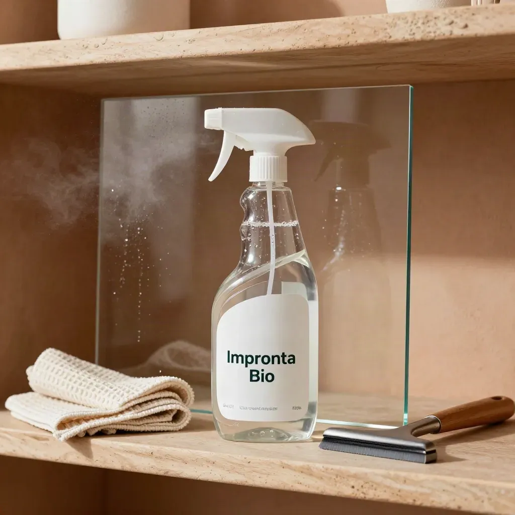Spray vetri all’aceto con panno in microfibra davanti a una lastra di vetro bagnata.