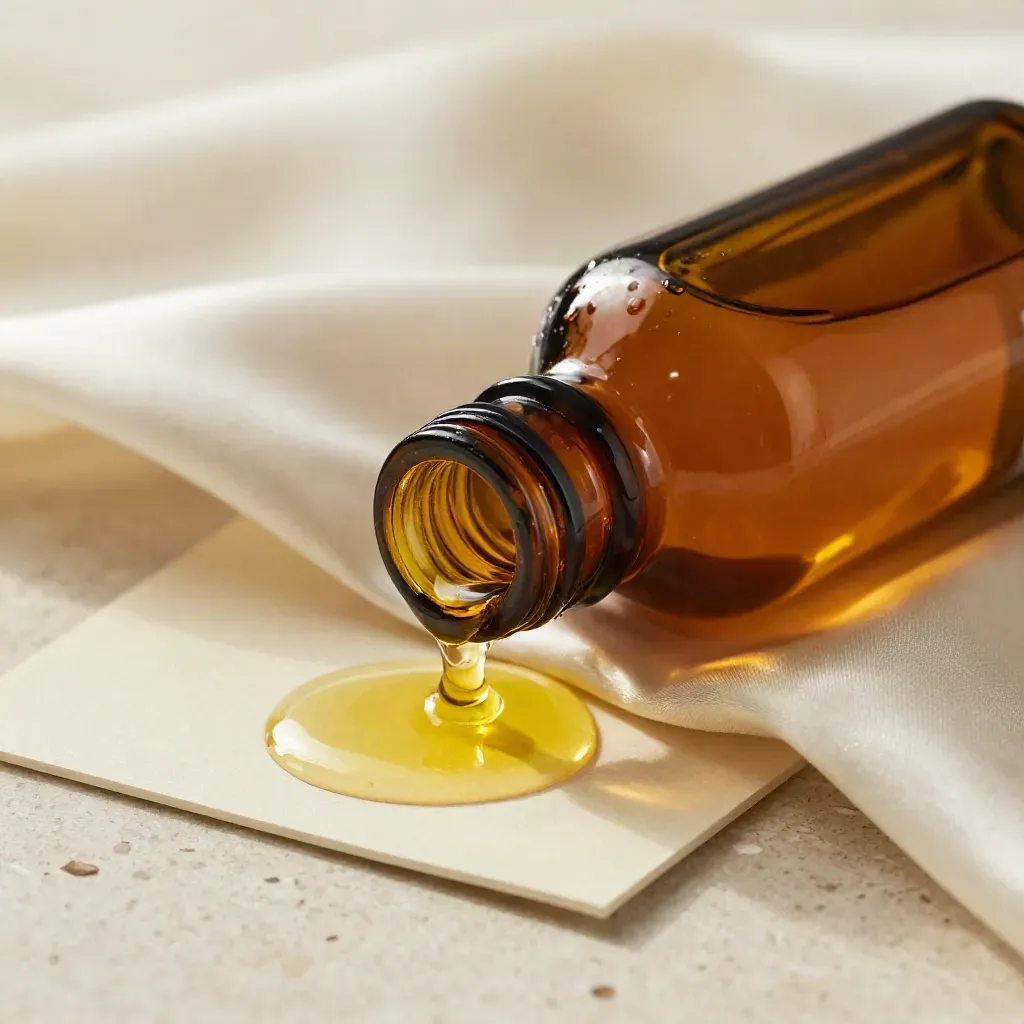 Bottiglia ambrata di olio secco argan con riflesso d’olio e piega di seta crema.