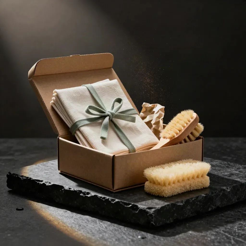 Box regalo cucina aperto con panni, spazzola, spugna e carta riciclata su pietra scura