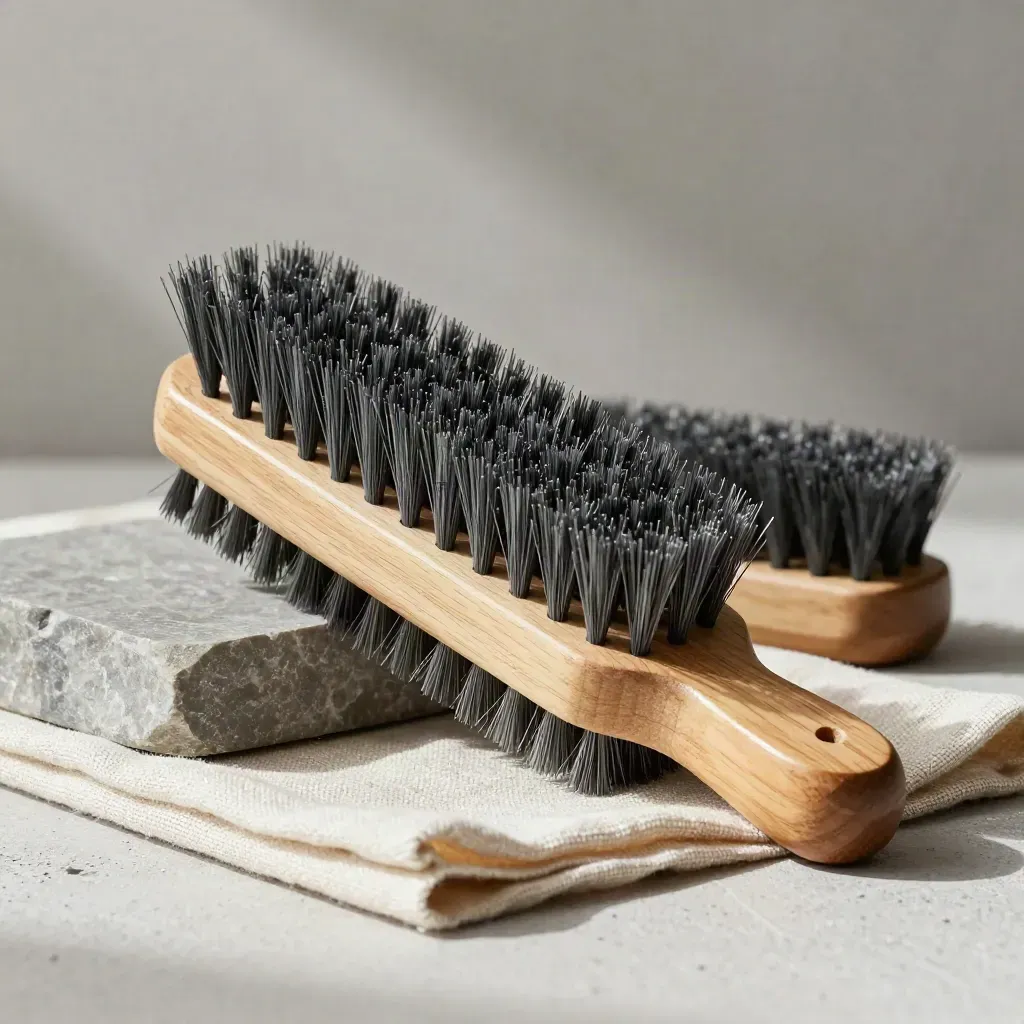 Spazzola in legno di faggio con setole dure su lino grezzo e pietra, luce morbida da studio.