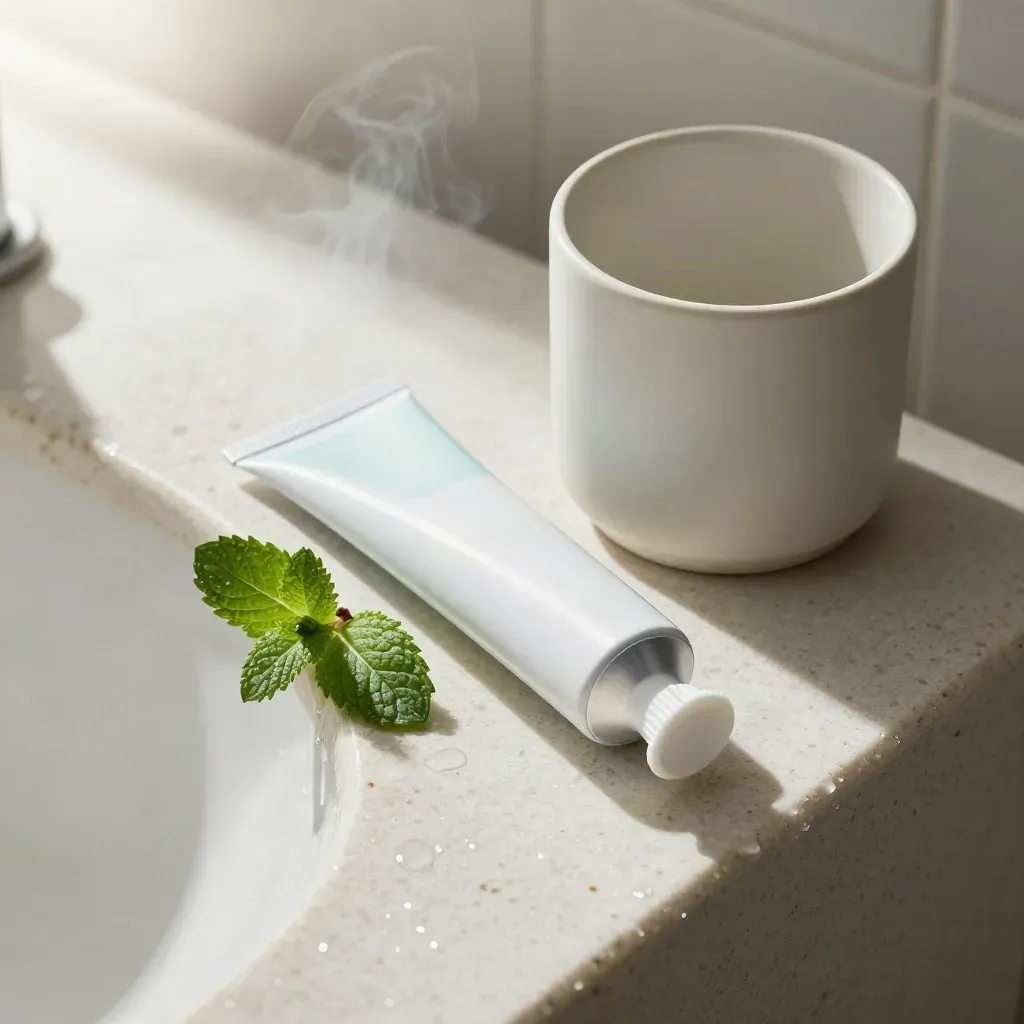 Tubo di dentifricio alla menta con foglia fresca e tazza in ceramica su pietra bagnata.