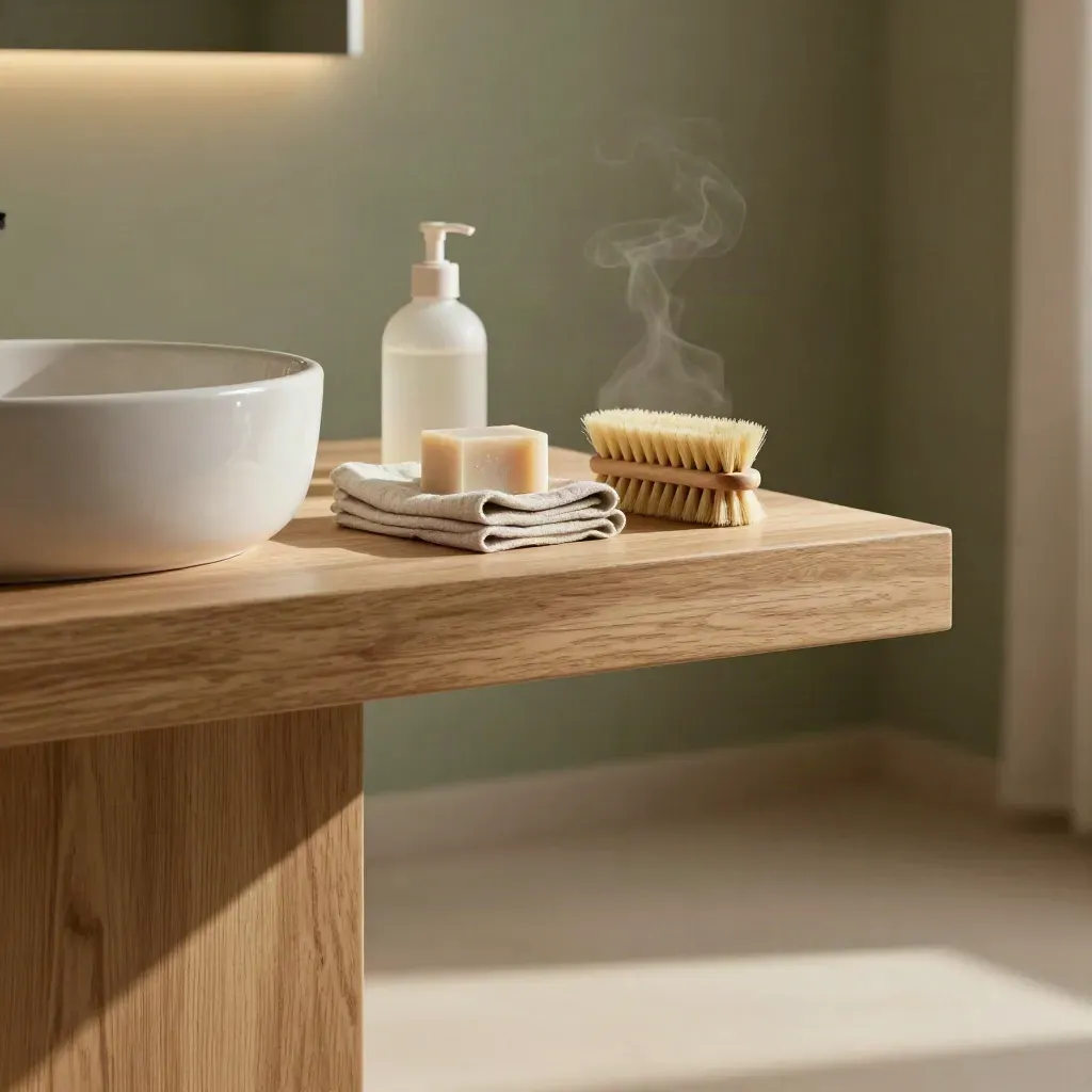 Lavello in ceramica su rovere chiaro con panni di lino e saponi naturali, luce calda