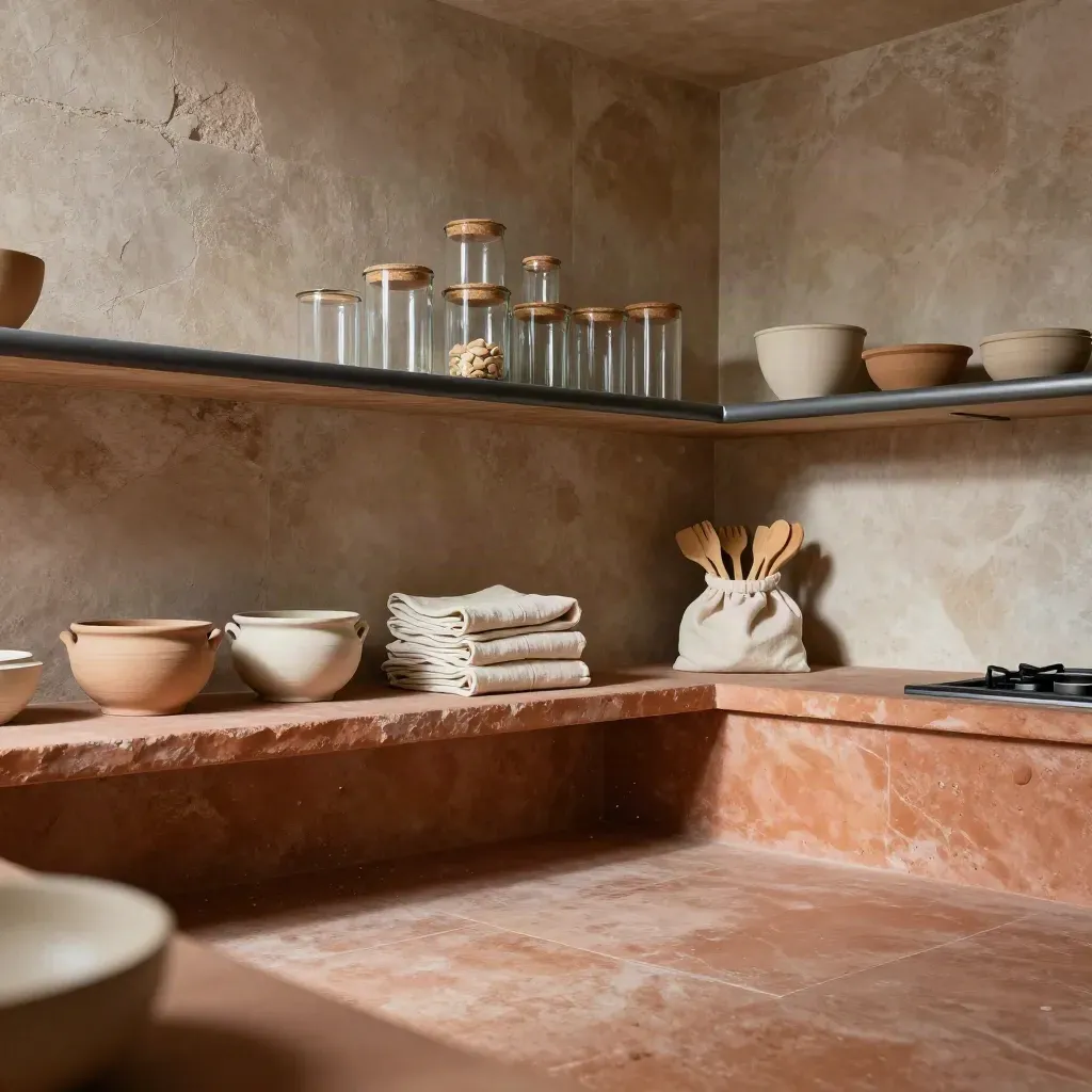 Cucina in cotto e pietra con mensola alta, vetro e tessili naturali, luce calda dall’alto