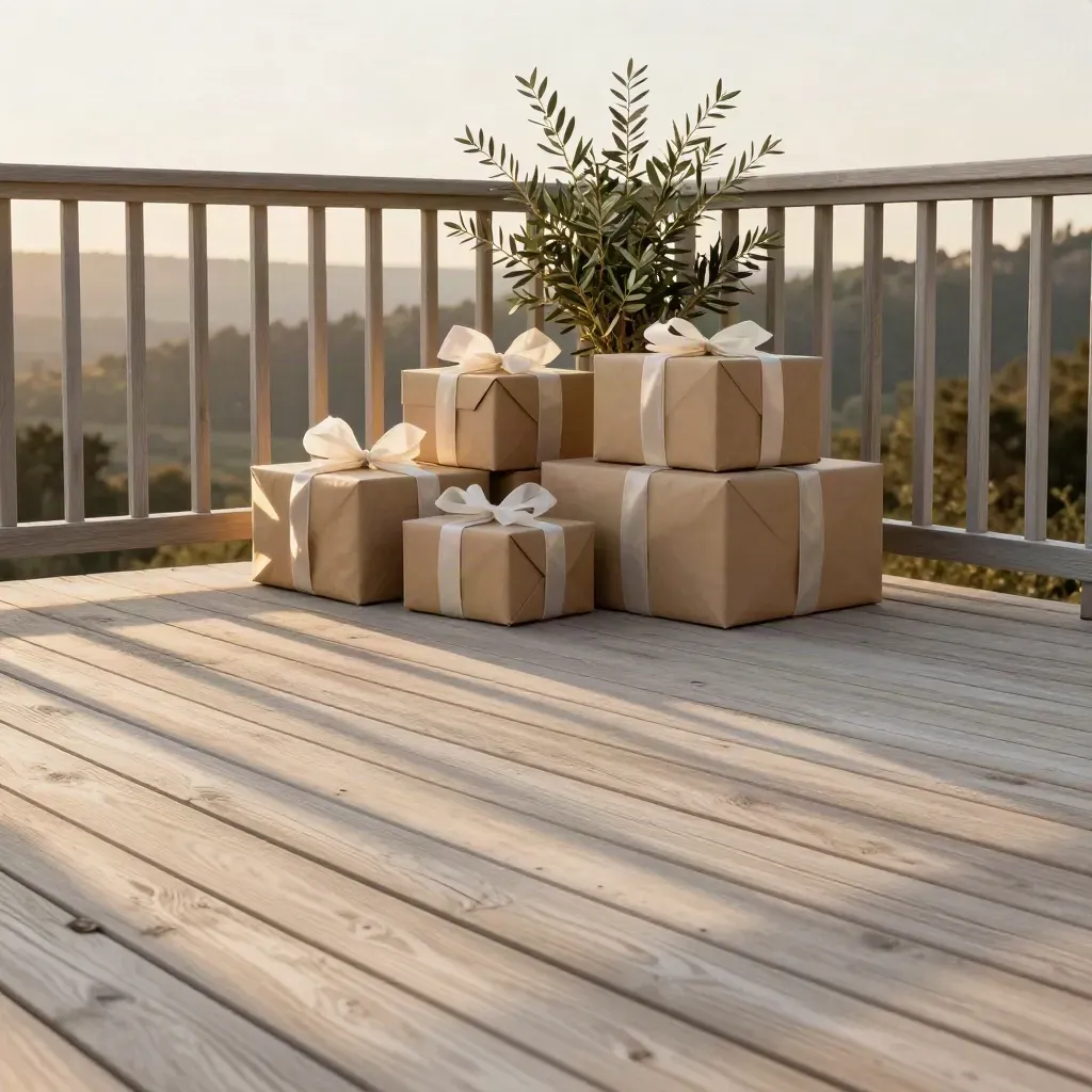 Veranda in legno al tramonto con scatole kraft, carta velina e rami d’ulivo in alto.