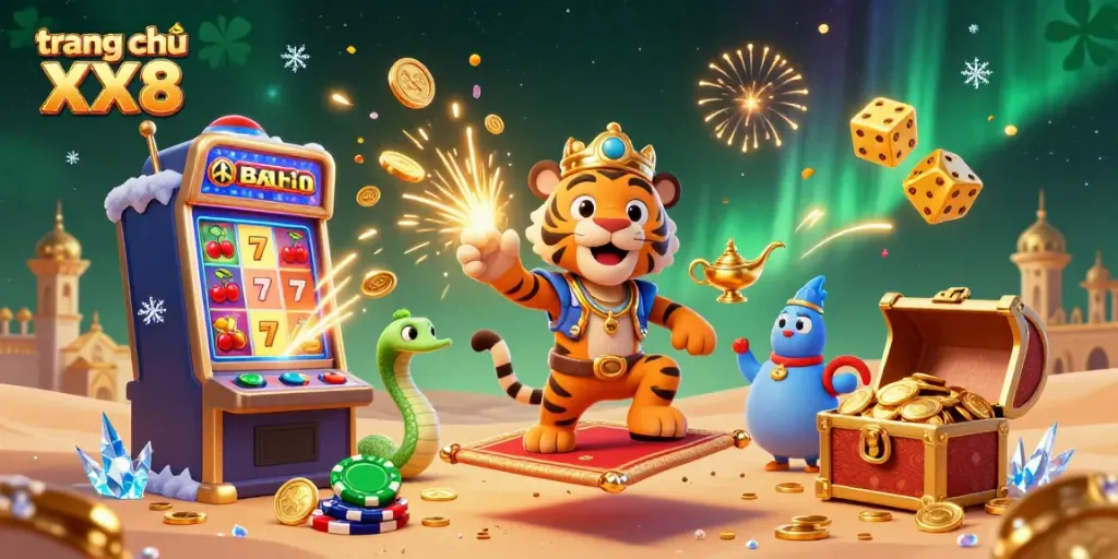 Engage with the thrilling adventures at trang chủ XX8, highlighted by a vibrant 3D scene of casino elements and characters.