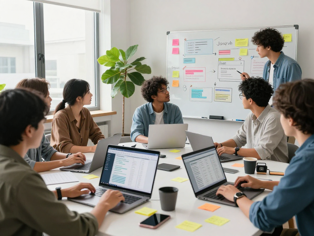 Team collaborating on digital marketing strategies for Juicy ai in a modern workspace.