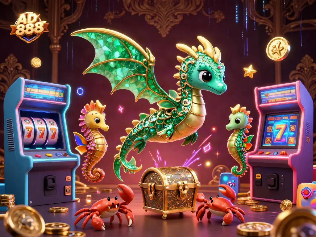 Engage in luck with AD 888 as vibrant dragons float beside glimmering casino elements.