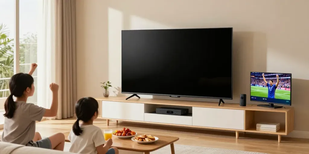 Family enjoying IPTV sports streaming together in a cozy living room.